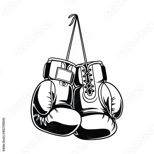 Hanging boxing gloves vector illustration, black and white design, isolated, vintage style, symbolizing combat sports, fitness training, strength, determination, athletic pursuits, competition.