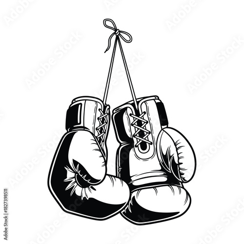 A monochrome illustration of a pair of classic boxing gloves hanging by their laces, symbolizing strength, combat sports, competition, and dedicated training in a vector art style.