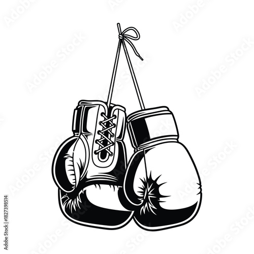 Hanging boxing gloves in classic black and white vector illustration, symbolizing combat sports, fitness, strength, power, competition, training, athletic determination, and fighting spirit.