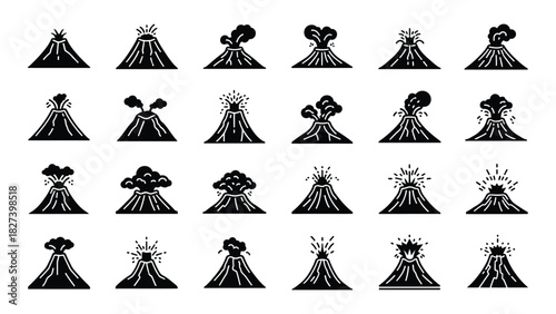 Volcano eruption silhouette icons isolated on white background, Vector