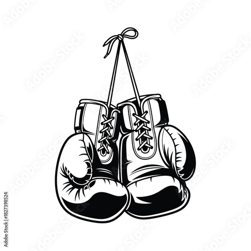 Hanging boxing gloves, classic monochrome vector graphic illustration, symbolizing combat sports, training, fitness, strength, determination, competition, and the pursuit of victory.