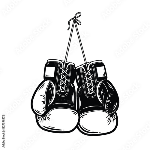 Pair of hanging boxing gloves, vintage style black and white illustration, ready for a fight or training session, representing strength, determination, and the spirit of combat sports