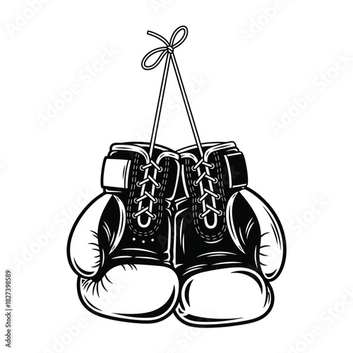 Black and white illustration of a classic pair of boxing gloves hanging by their laces, symbolizing combat sport, fitness, strength, training, and competition. ideal for athletic designs.