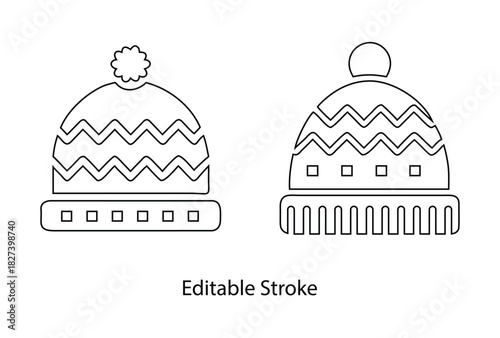 knitted winter hat vector editable stroke icon, winter apparel hat vector line art illustration