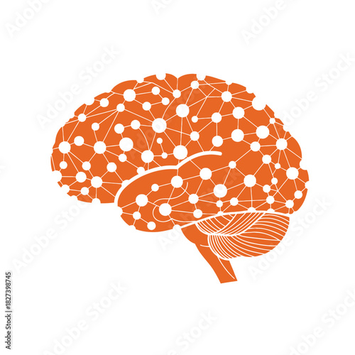 Brain with interconnected network representing digital intelligence, neural pathways, thought processes, data flow, artificial mind, and cognitive functions on a clean background.