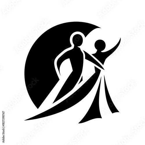 A minimalist linear icon depicting a ballroom dancing couple in a smooth, elegant pose. Clean contours express movement and harmony.