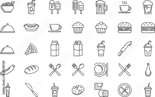 Set of minimalist food and beverage outline icons. Simple vector pictograms for cooking, eating, and restaurant themes in a linear style