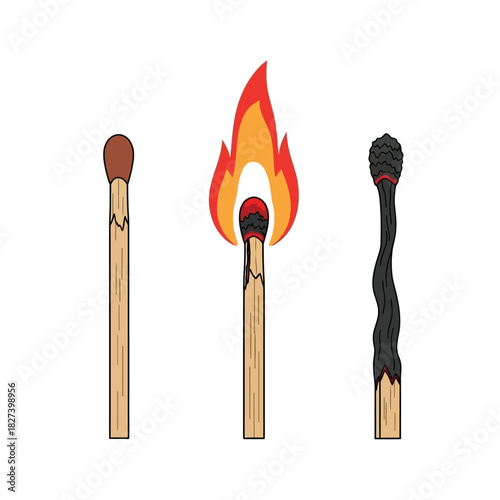 Life cycle of matchsticks illustration: new, burning, and burnt-out stages depicted in a clear, educational graphic; a visual representation of change, process, and transformation over time.