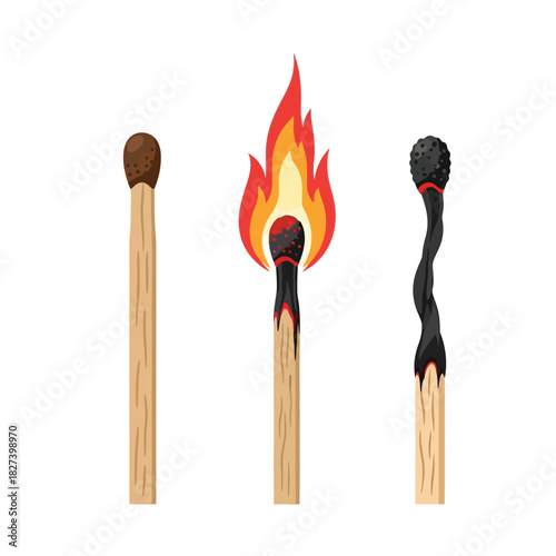 Evolution of matches: illustration of an unused match, a match actively burning with a vibrant flame, and a completely burnt-out, charred match, symbolizing the stages of ignition, fire, and heat.
