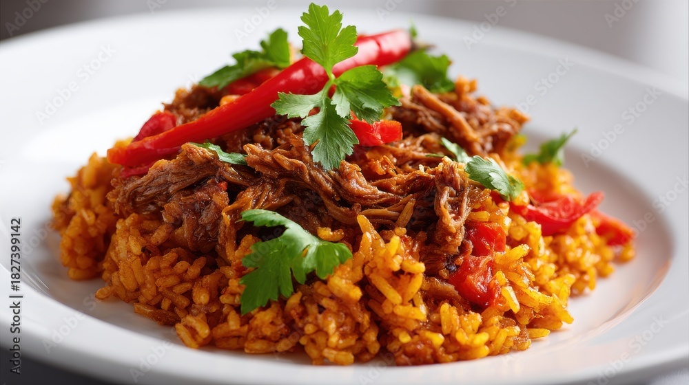 Fototapeta premium Spicy Pulled Meat and Rice Dish Garnished With Cilantro and Red Chili Peppers