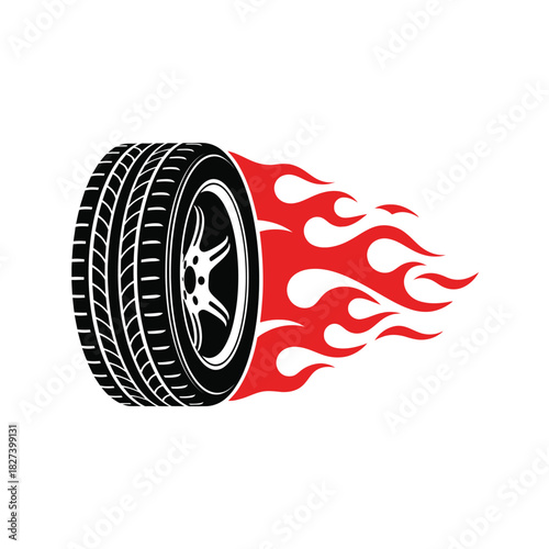 Graphic illustration of a black automotive tire and wheel with detailed tread and rim, dynamically trailing red flames, symbolizing speed, power, performance, and racing, ideal for auto designs.