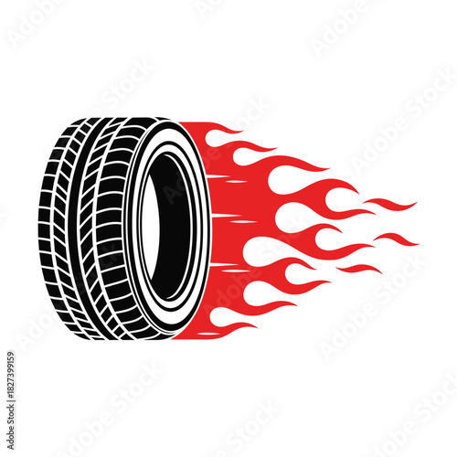 Speeding automotive tire with dynamic red flames trailing behind, symbolizing powerful acceleration, high performance, and rapid movement in racing and vehicle design.