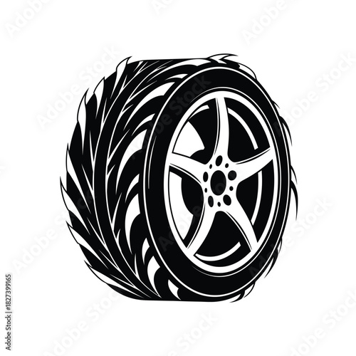 Automotive sports car wheel with dynamic tire tread design, rendered in a striking black and white vector illustration, symbolizing speed, performance, and vehicle power on any road.