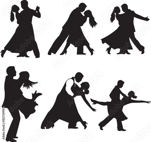 Dynamic silhouettes of couples dancing gracefully, depicting the elegance and passion of ballroom and social dance movements in a captivating collection