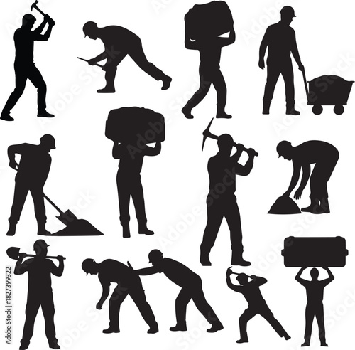 Dynamic silhouettes showcasing various manual labor tasks, representing the essence of hard work, construction, and blue-collar efforts in diverse working environments