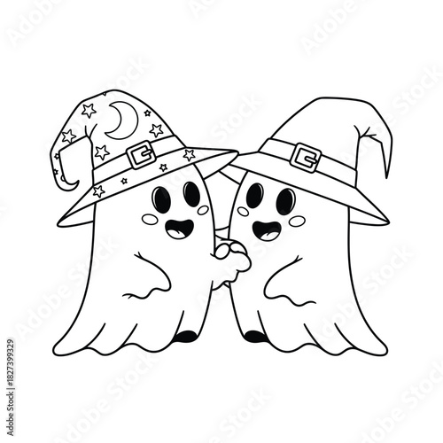Cute cartoon line art illustration of two friendly ghosts wearing pointed witch hats, one with a crescent moon and stars, holding hands and smiling happily, ideal for festive halloween designs.