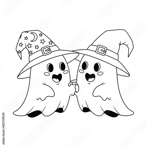 Two cheerful, friendly cartoon ghosts wearing witch hats adorned with stars and moons, holding hands and happily smiling, presented as a black and white outline illustration for halloween fun.