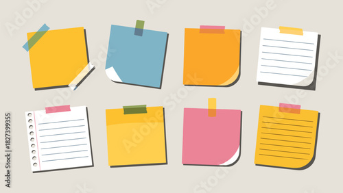 Colorful Sticky Notes and Lined Paper Vector Set - Digital Memo Pad Elements