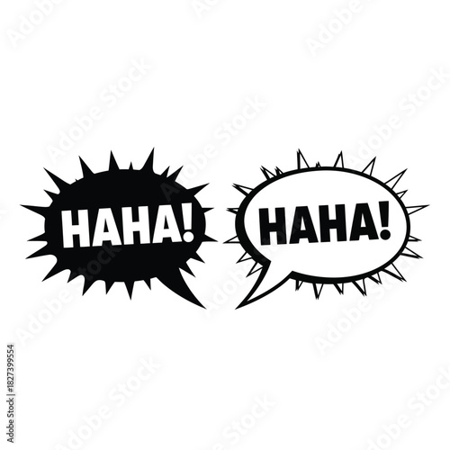 Haha! speech bubble illustration set with both filled and outlined comic exclamation designs, depicting laughter, humor, joy, and amusement in a bold, expressive graphic style.