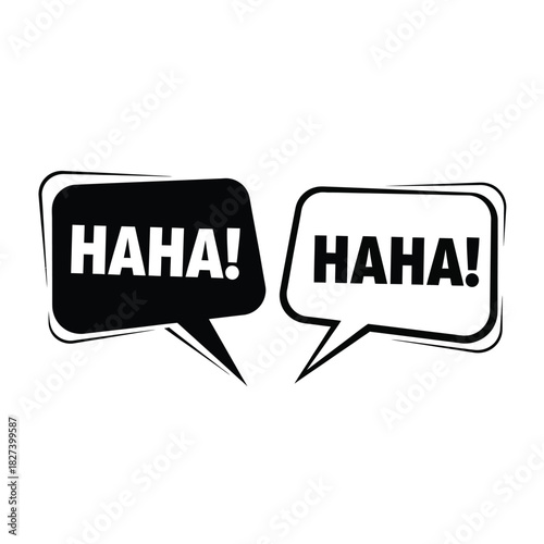 Graphic vector of two contrasting speech bubbles, one black and one white, with bold uppercase 'haha!' text, symbolizing laughter, humor, and joy for modern creative graphic design.