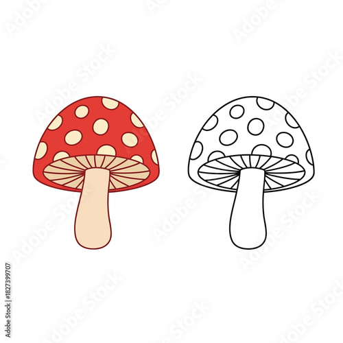 Vibrant illustration of a red-capped mushroom with white spots and its black outline twin, perfect for children's educational books, imaginative story art, and playful fantasy designs.