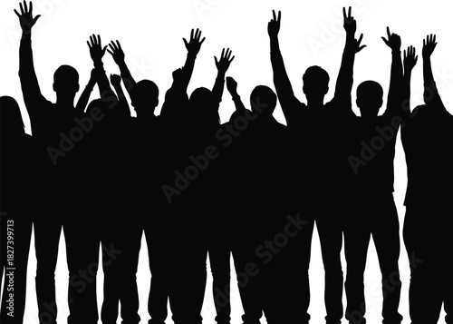 Vector silhouette of a cheering crowd of people with hands raised up in the air at a concert or party