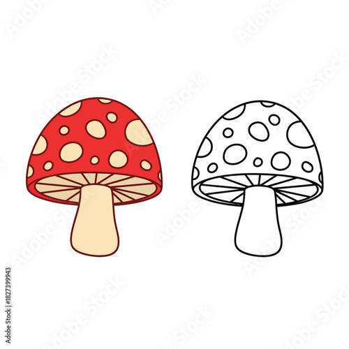 Colorful cartoon mushroom and its outline drawing isolated on white background, perfect for kids coloring books, nature themes, or whimsical designs. educational illustration.