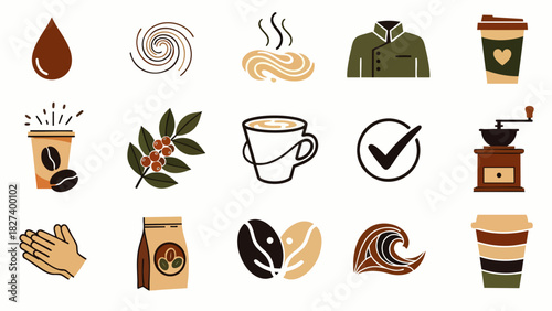 A collection of illustrated coffee-related icons, featuring a coffee bean, cup, wave, and other elements, perfect for cafe branding and design projects.