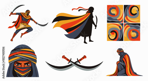 A collection of stylized illustrations featuring Middle Eastern figures, including warriors with curved swords and abstract artistic elements, ideal for design projects.