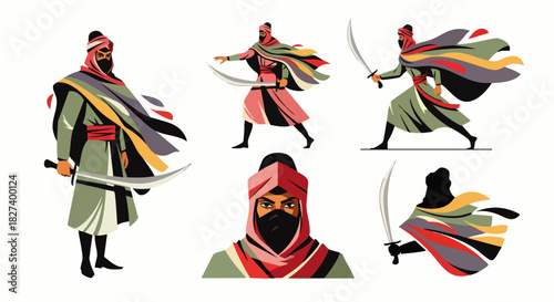 Stylized illustrations depict Middle Eastern warriors in various action poses, showcasing traditional attire and weaponry against a clean white backdrop.
