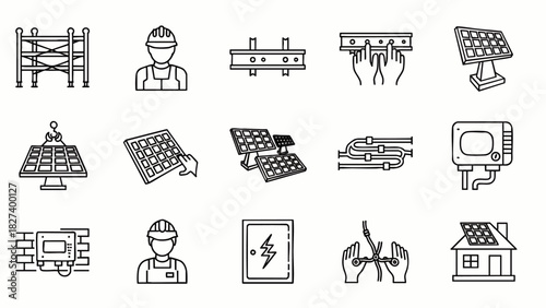Illustrated icons depict solar energy concepts, including panels, technicians, and electrical components, representing renewable power and sustainable technology.