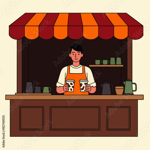 A barista stands behind a coffee shop counter, holding two cups of coffee, ready to serve customers with a welcoming smile and delicious beverages.