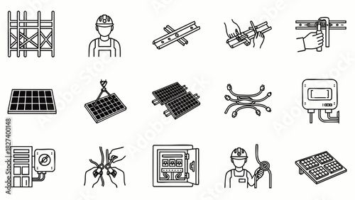 Illustration showing the process of installing solar panels, from scaffolding to electrical connections, for renewable energy production.