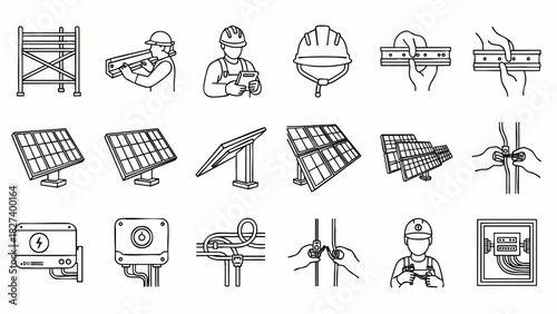 Illustrated construction and solar energy icons depict various aspects of building, electrical work, and renewable power generation in a clean, modern style.