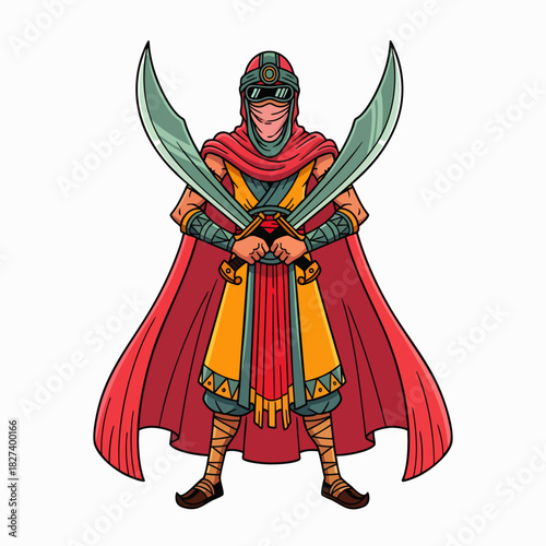 An illustrated warrior stands confidently, holding two crossed swords, with a red cape and a traditional head covering against a white background.