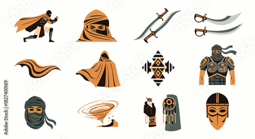 A collection of stylized illustrations depicts various Middle Eastern elements, including weaponry, cloaks, and masked figures in a minimalist design.