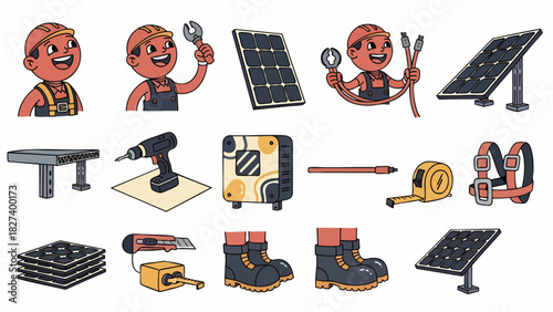 A set of cartoon illustrations depicting solar panel installation, including workers, tools, and the panels themselves, showcasing renewable energy.