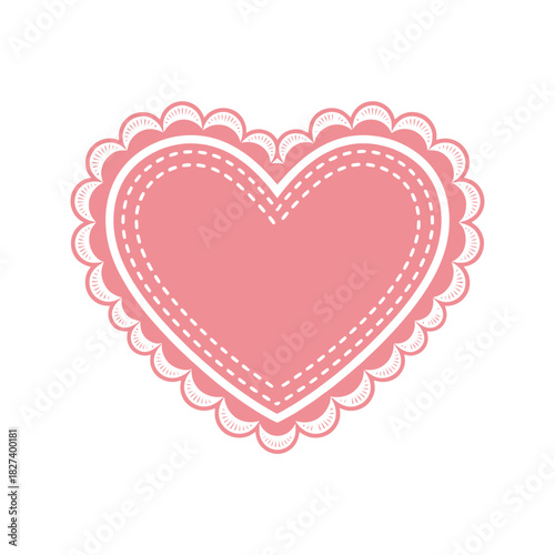 Pink heart with scalloped lace border and stitched dashed line detail, symbolizing love, romance, affection, and celebration, perfect for greeting cards, invitations, and valentine's day designs.