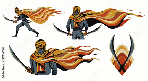 An illustration showcases a desert warrior in action, wielding curved swords with a flowing, vibrant cape against a clean white background.