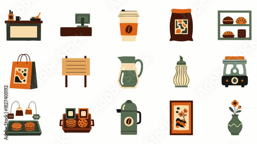 A charming collection of coffee shop illustrations, featuring various elements like counters, coffee cups, food items, and decorative elements in a flat design style.