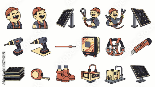 Illustrated set of solar panel installation elements featuring smiling workers, tools, and equipment, perfect for energy-related designs.