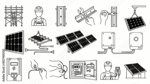 Illustrated depiction of solar panel installation, including workers, equipment, and components, showcasing renewable energy and sustainable power solutions for eco-conscious living.