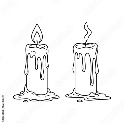 Outline illustration of two candles, one burning with a glowing flame and the other recently extinguished with wisps of smoke, showing melting wax drips, isolated line art vector.