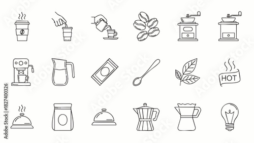 Collection of hand-drawn coffee-related icons, illustrating various aspects of brewing, serving, and enjoying the popular beverage, perfect for cafe branding.