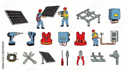 Illustrated depiction of solar panel installation, featuring workers, equipment, and components for renewable energy production and sustainable power solutions.