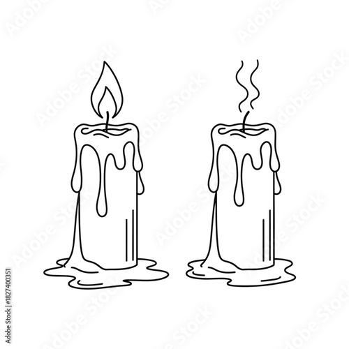 Outline drawing of two decorative wax candles, one with a burning flame and melting wax drips, and the other extinguished with smoke rising from its wick, both isolated illustrations for design