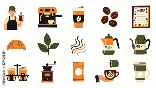 A vector illustration showcasing a variety of coffee-related elements, from beans and brewing equipment to takeaway cups and barista, perfect for cafe branding.