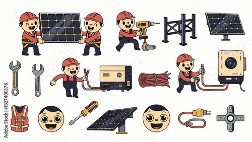 Illustration of solar panel installation with workers, tools, and components, showcasing renewable energy and environmental sustainability for a cleaner future.