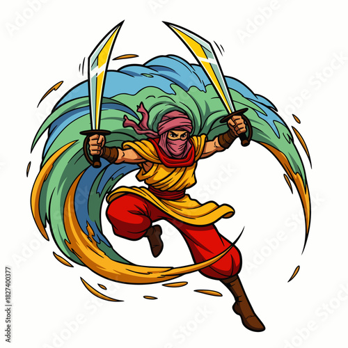 An illustrated warrior from the Middle East, wielding two swords in a dynamic pose, ready for battle with a flowing cape and determined expression.