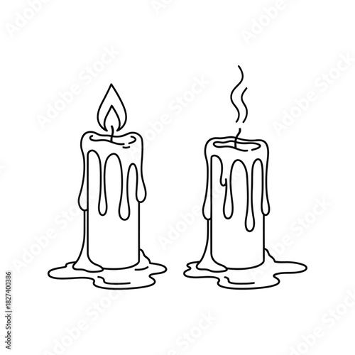 Burning and extinguished candle line art illustration with melting wax drips, symbolizing light, darkness, memory, hope, and the passage of time on a clean white background, offering versatile use.